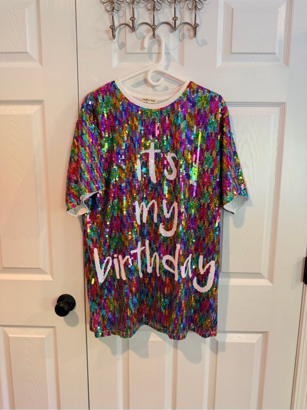 Main Strip Multicolor Sequin "It's My Birthday" Short Sleeve Tee mini dress